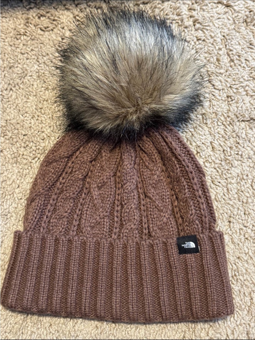The North Face Brown Knit Beanie with Faux Fur Pom